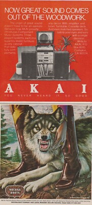 1980 Nocona Boots & Akai Home Stereos - Wolf Teeth Growling - 2 Ads Print Ad Art