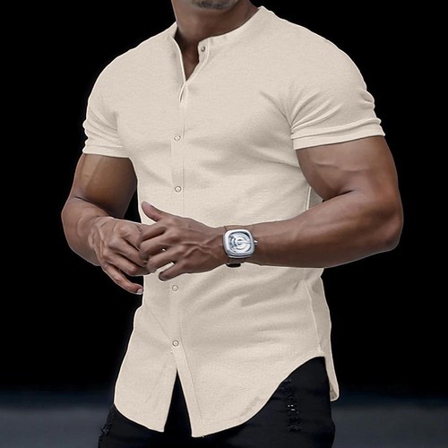 Herren Button Down Kurzarm Solide Hemden Freizeit Muskel Slim Fit Tops T-Shirt - Bild 3 von 19