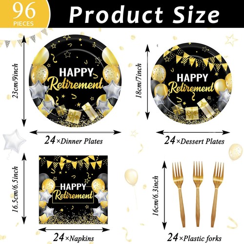 96 Pcs Retirement Party Plates and Napkins Set - Black and Gold - 24 Guests - Picture 2 of 7