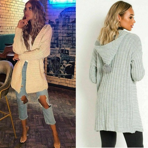 Ladies Knitted Pom Pom Hooded Cardigan 
