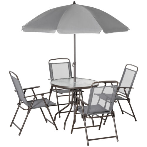 6Pc Patio Dining Set with Garden Umbrella 4 Folding Chairs Glass Table