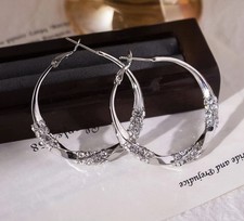 925 Sterling Silver  Crystal Hoop Earrings Women Round Sparkly Jewellery Gift UK