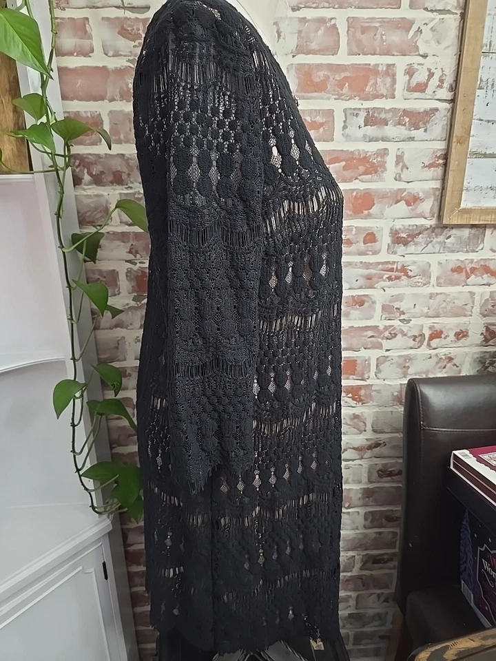 Vestido para mujer Ronnie Nicole talla 12 negro encaje forro nude mangas 3/4 Foto 3 de 4