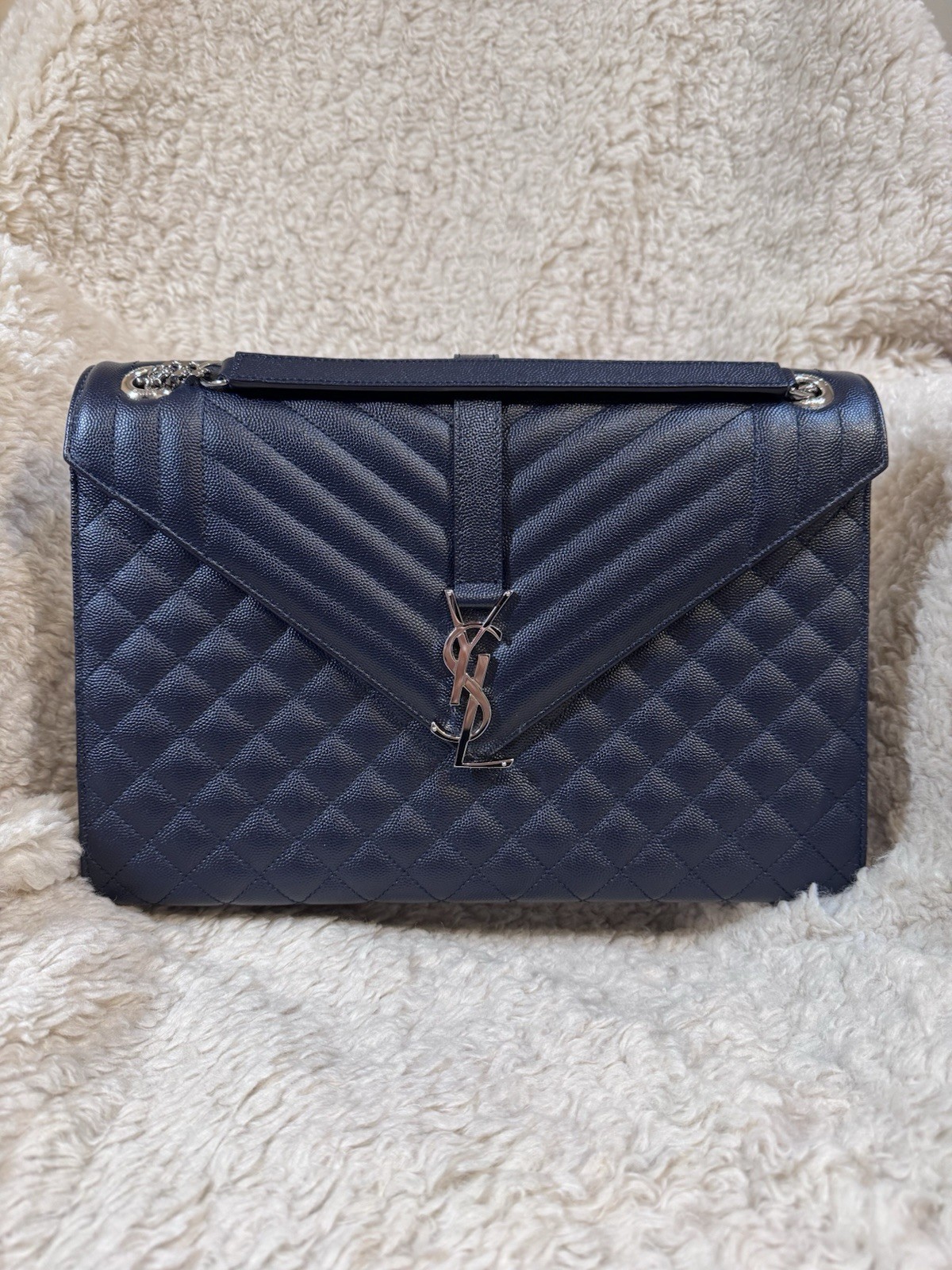 SAINT LAURENT YSL Borsa a catena con busta grande triquilt pelle grana NAVY