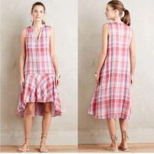 Anthropologie Maeve Pink Plaid Asymmetrical Dress XS