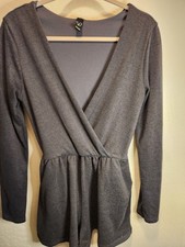 Windsor Women's Gray Cross Over V Neck Skort Romper Dress Size Large Long Sleeve