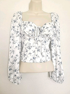 Gianni Bini Blue Floral P Puff Long Slv Sweetheart Milkmaid Cropped Top Size 8