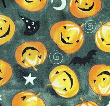 Halloween Pumpkins Jack-O'-Lantern Bats Gray David Textiles Cotton Fabric BTY