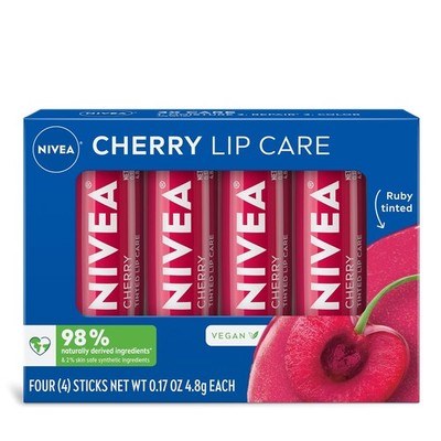 NIVEA Cherry Lip Care Ruby Tinted Lip Balm 0.17 oz Stick Pack of 4