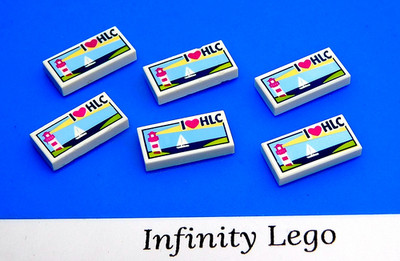 6 LEGO White Tile 1 x 2 with I Love HLC Postcard Friends (3069 21213) - 6 Pieces