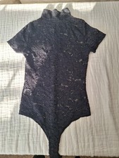 Fashion Nova Women's Bodysuit Size S Black Lace Short Sleeve Mock Neck Thong