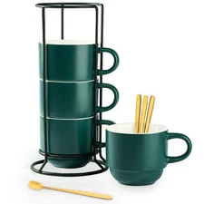 Stackable Coffee Mugs Set of 4 with Rack Spoons 11 oz Tea Cups Dark Green