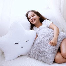Decorative Pillows Set for Kids Room - White Star Grey Furry Plush Decor
