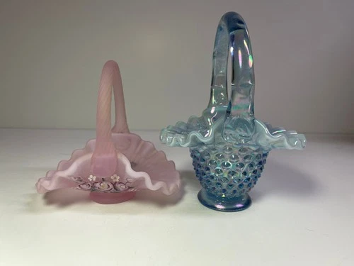 Fenton Art Glass Small Baskets - Pink & Blue - Pink Hand painted by B. Kincaid