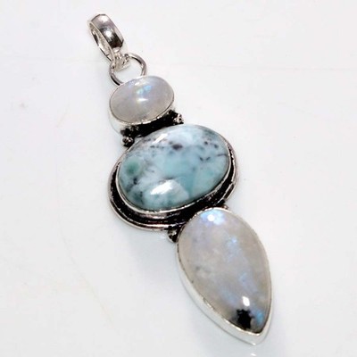 Long Larimar Rainbow Moonstone 925 Silver Plated Pendant 2.3'' Superb Jewelry MJ