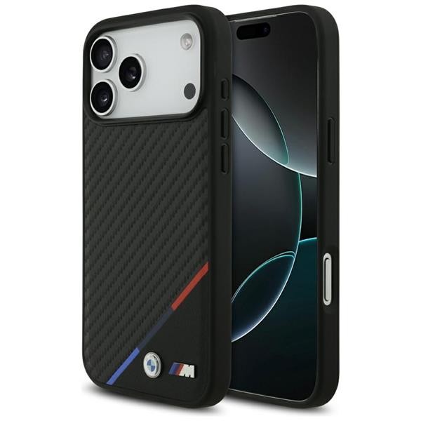 Case BMW MagSafe iPhone 17 Pro Max Carbon Look Tricolor Black Logo Metal