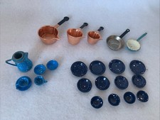 Vintage Miniature Metal, Enamel, Pewter - Pots Pans Dollhouse 23 Piece Lot 1:12