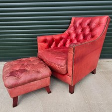 Red Tetrad Chesterfield Debussy Leather Lounge Club Armchair & Footstool - WORN