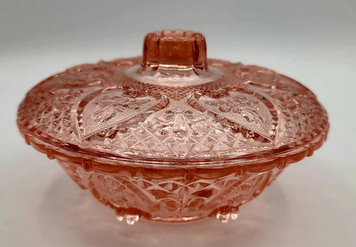 Vintage Bowl Pink Depression Glass Candy Trinket Dish Lid KIG Malaysia Vanity
