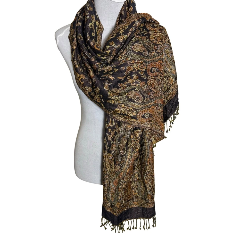 Cachecol xale borla paisley Cejon envoltório moda vintage floral preto dourado feito na Índia - Imagem 3 de 4