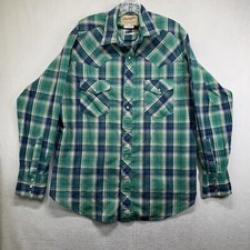 Wrangler Western Fashion Shirt Mens XL Pearl Snap Green Plaid Pockets Cotton