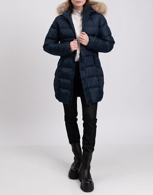 RRP 280 BOMBOOGIE Down Quilted Jacket Size 1  / S Logo Raccoon Fur Trim Hooded