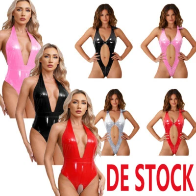 Damen Lack Leder Bodysuit Hollow Out Clubwear Tiefer V-Ausschnitt Jersey Dessous - Bild 1 von 4