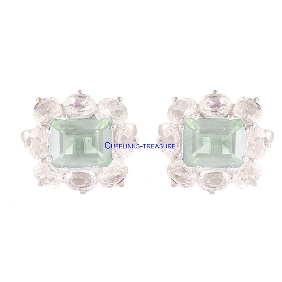 Gemelos de plata esterlina 925 de amatista verde natural y piedras preciosas de circonita cúbica #6 Foto 3 de 3