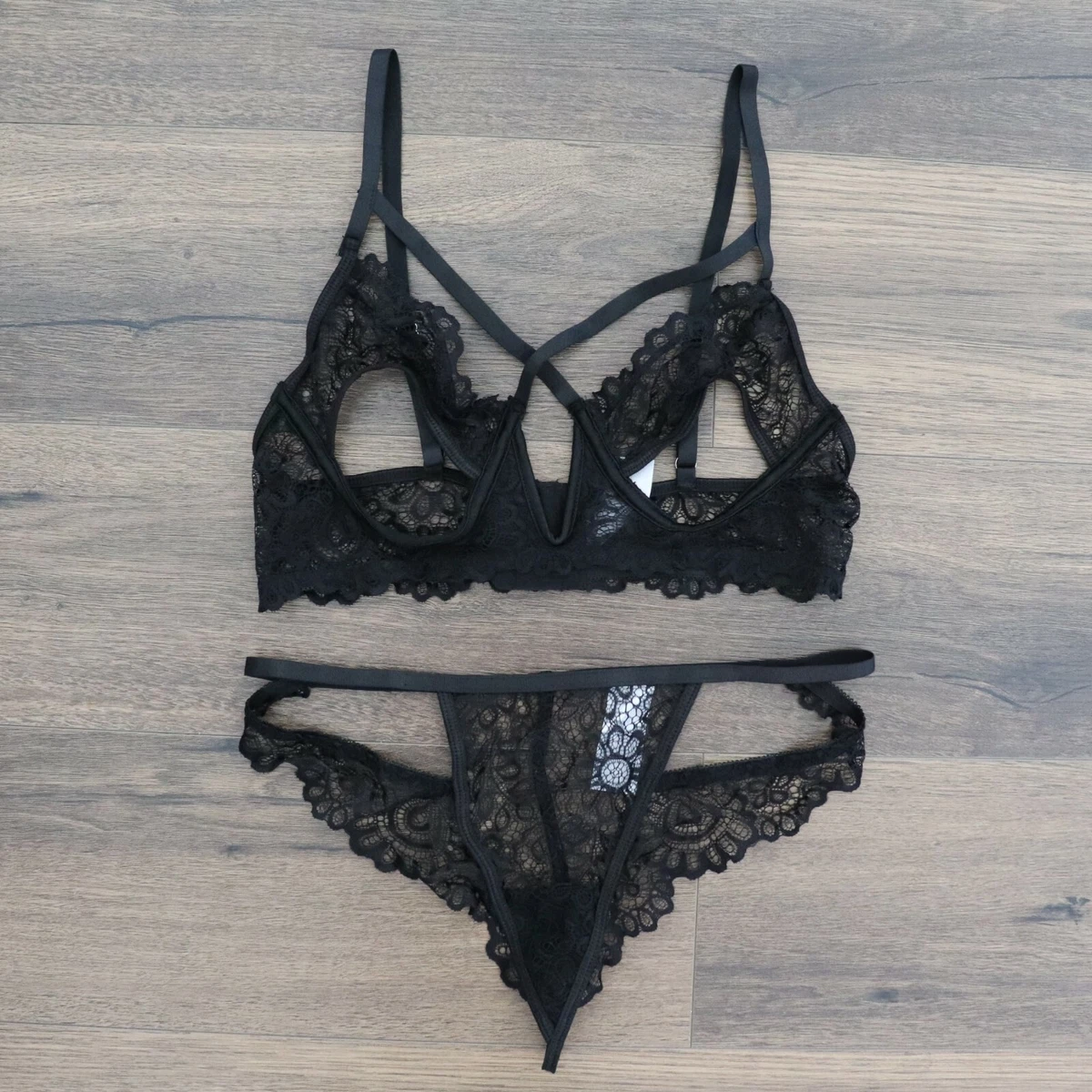 Sexy Black Cut-Out Open-Cup Bra Bralette Underwear Set Plus Size 8