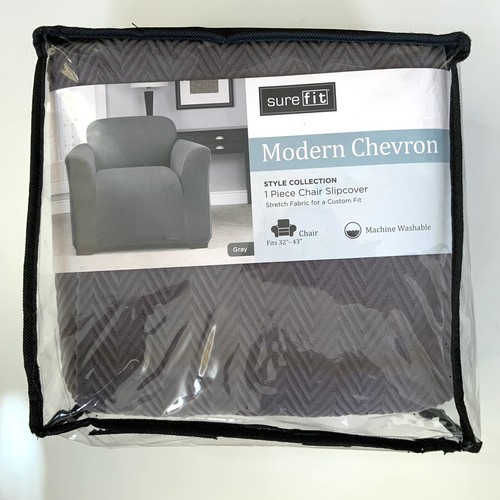 Sure Fit® Modern Chevron Chair Slipcover in Gray Brand New Stretch Fits 32-43 - Picture 1 of 6