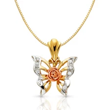 14K Tri Color Gold CZ Butterfly Charm Pendant & 0.8mm Box Chain Necklace