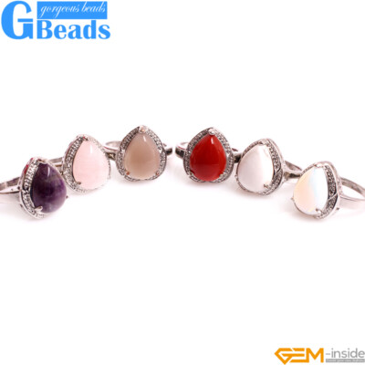 Natural Teardrop Stone Fashion Jewelry Silver Plated Finger Ring Women 16x18mm