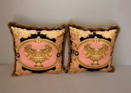 Set Of 2 Custom Made Versace Pillows Sz18”18” Lion And Urn Pink Gold Velvet - Picture 3 of 13