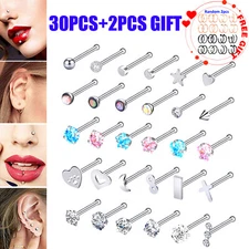 30PCS Nose Stud Ring Surgical Steel Straight Opal CZ Gem Tiny Bone Studs 20G