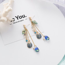 Blue Conch Ocean Shell Mermaid Stud Earrings - Chandelier Dangle Drop Earrings