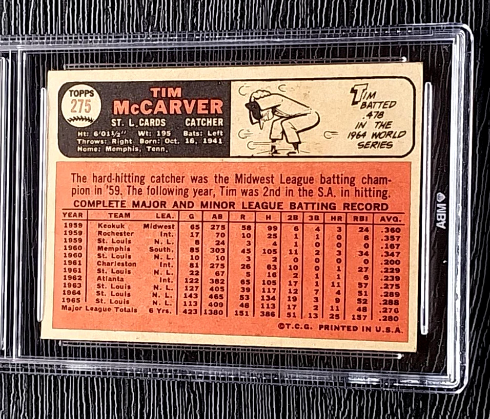 Tarjeta de béisbol 1966 Topps Venezolan Tim McCarver #275 *sin pliegues* MBA 4 en muy buen estado Foto 4 de 4