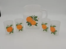 Vintage MCM Hazel Atlas Handpainted Frosted Orange Juice Pitcher Set