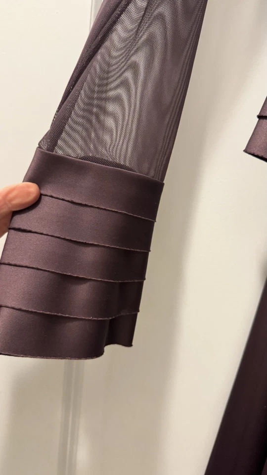 JS COLLECTIONS Dusty Eggplant Sheer Sleeve Satin Mock 2pc Dress TpSz 6 Skirt S8 - Image 2 of 4