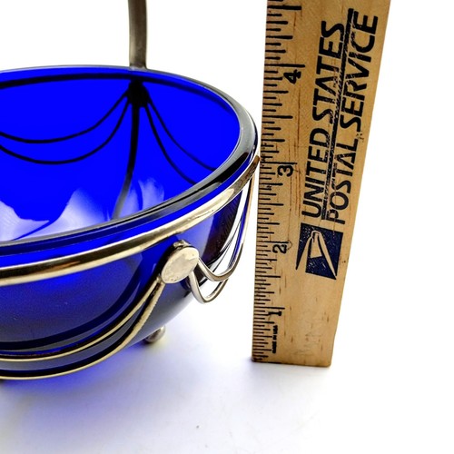 English Art Deco Cobalt Blue Glass Serving Dish W/ Silverplate Tray Basket - Picture 15 of 21