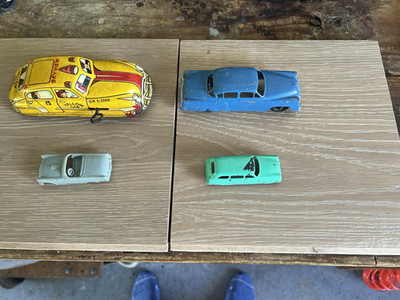 Vintage Toy Car Lot Tootsietoy USA (2) + Tin Japan Yellow Cab + Dantoy 1950s