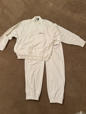 Sean John White Velour 2pc Tracksuit Full Zip Men s L Jacket Pants Logo