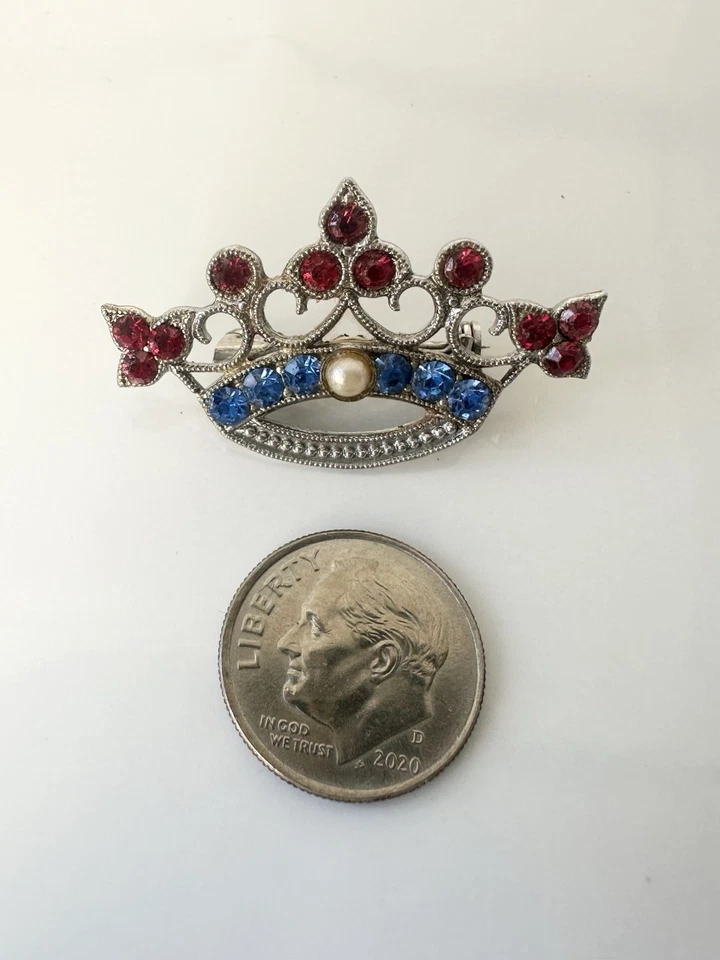 Prendedor corona diamantes de imitación enchapado en plata envejecido rojo blanco azul cristales patriótico  Foto 3 de 4