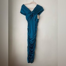 Popilush Blue Shapewear Off-Shoulder Ruched Shine Sculpting Midi Dress M NWT