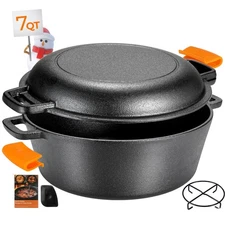 TLGREEN Cast Iron Dutch Oven Pot with Lid, Pot 5.1QT and Lid as a Skillet1.9Q...