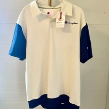 Champion Men Colorblock Polo Shirt Cream Navy Blue Short Sleeve Size L