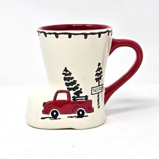 Potter's Studio Red Truck w Christmas Trees Boot-shaped Coffee Mug Holiday 12 oz