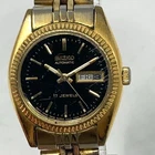 Vintage Seiko Automatic Watch Women 25mm Gold Tone 4206-0519 Day Date Black Dial