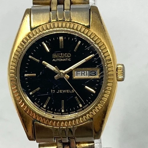 Vintage Seiko Automatic Watch Women 25mm Gold Tone 4206-0519 Day Date Black Dial