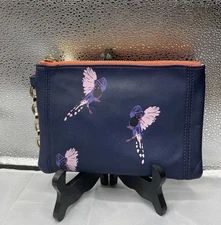 NWOT Deux Lux Glitter Cosmetic Makeup Bag Travel Silver Navy Birds Feminine