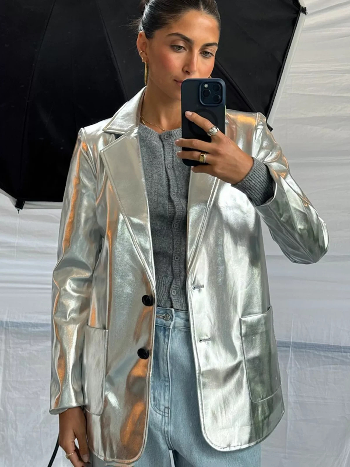 Never Fully Dressed Silver Vegan Leather Blazer jacket UK Size 14 NWT RRP £169